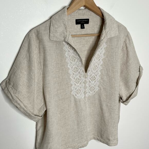 Banana Republic Womens Linen Blend Embroidered Top Large Beige White Neutral - Picture 3 of 9